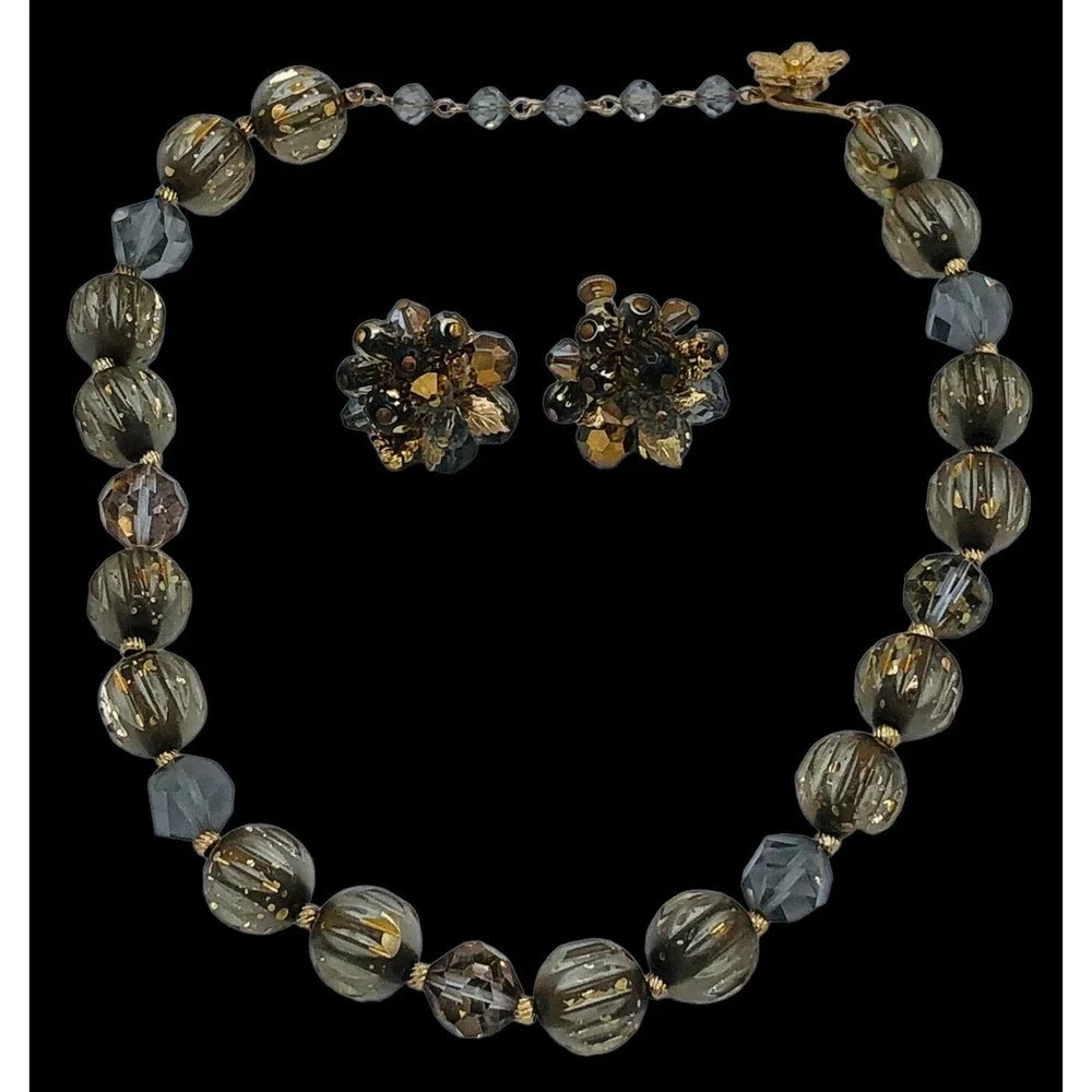 Runway Vendome Lucite Necklace Gold Fleck Art Glass Beads Clip Earrings Set